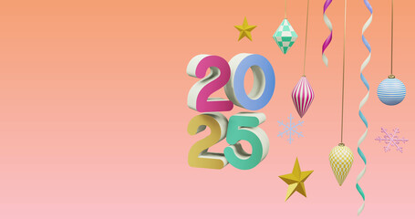 Image of 2025 number over new year and christmas decorations on pink background