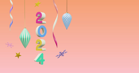 Image of 2024 number over new year and christmas decorations on pink background