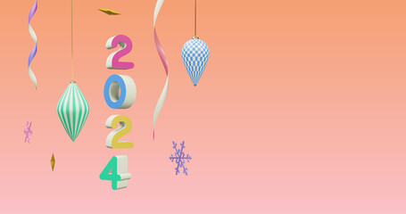 Image of 2024 number over new year and christmas decorations on pink background