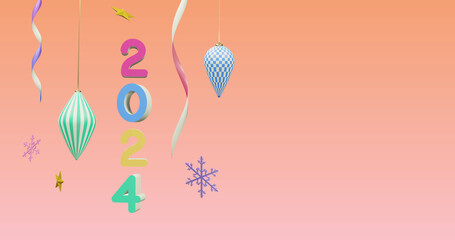 Image of 2024 number over new year and christmas decorations on pink background