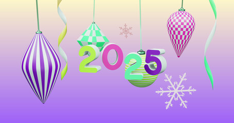 Image of 2025 number over new year and christmas decorations on purple background