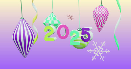 Image of 2025 number over new year and christmas decorations on purple background