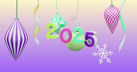 Image of 2025 number over new year and christmas decorations on purple background
