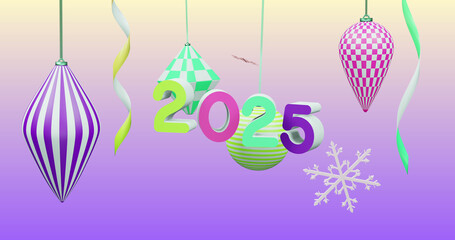 Image of 2025 number over new year and christmas decorations on purple background