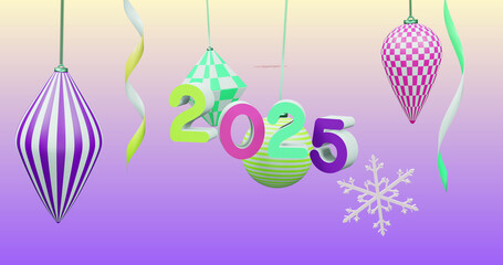 Image of 2025 number over new year and christmas decorations on purple background