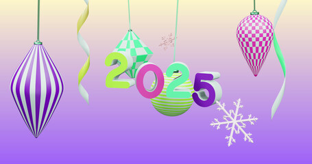 Image of 2025 number over new year and christmas decorations on purple background