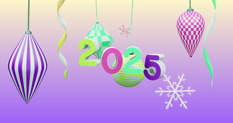 Image of 2025 number over new year and christmas decorations on purple background