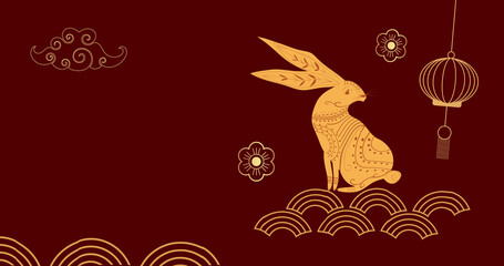 Image of rabbit and shapes on red background