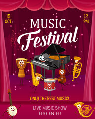 Music festival party flyer, cartoon musical instrument characters on stage. Vector poster with funny grand piano, jembe drum, trumpet and french horn. Violin, banjo and saxophone artist personages