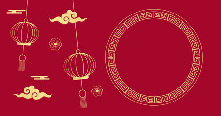 Naklejka premium Image of chinese lanterns and shapes over circle on red background