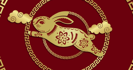 Image of rabbit and shapes over circles on red background