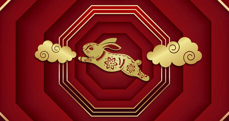 Image of rabbit and shapes over shapes on red background