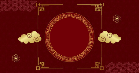Image of flowers and shapes over circle on red background