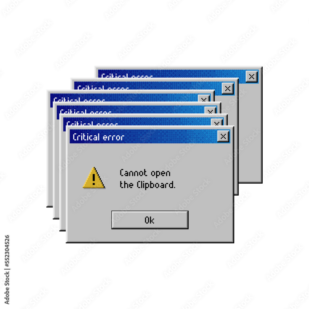 Aufkleber Error window message, computer system warning or PC alert, vector screen interface. Critical error popup window with cannot open clipboard message, web or file crash notification with OK button
