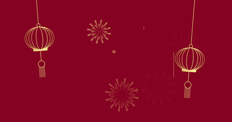 Image of lanterns and fireworks on red backrgound