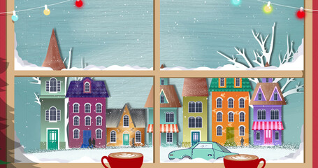 Image of window and snow falling over winter landscape