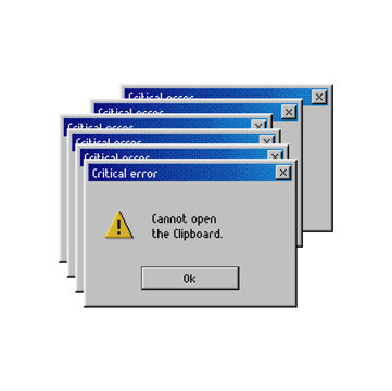 Error window message, computer system warning or PC alert, vector screen interface. Critical error popup window with cannot open clipboard message, web or file crash notification with OK button