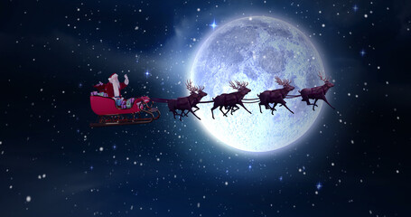Obraz na płótnie Canvas Image of snow falling over santa in sleigh