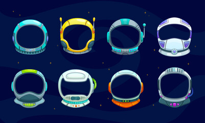 Kids space astronaut space helmets, photo booth. Cartoon vector cosmonaut props elements or masks with hole for face for kids party or funny photos. Cute helmets set in far galaxy sky with stars © Vector Tradition