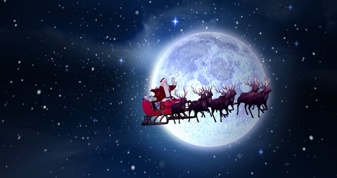 Image of snow falling over santa in sleigh