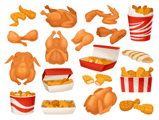 Fast Food Fried Chicken Meat as Crunchy and Crispy Snack Big Vector Set