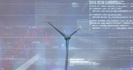 Image of wind turbine turning, data processing and stock exchange graph 