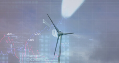 Image of wind turbine turning, data processing and stock exchange graph 
