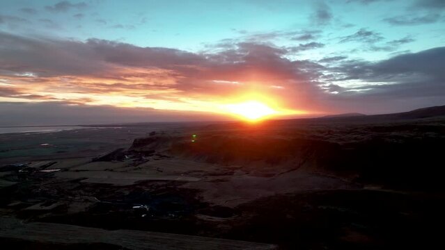 Sunset Sky Over Panoramic View Of Olfus Spring Mountains In South Iceland. Aerial Shot