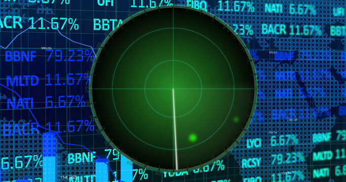 Image of targets on radar screen over bar graph, squares forming maps against trading board