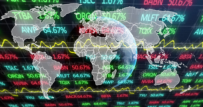 Image of stock market and data processing with world map and globe on black background