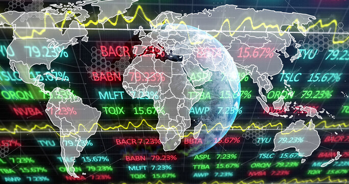 Image of stock market and data processing with world map and globe on black background