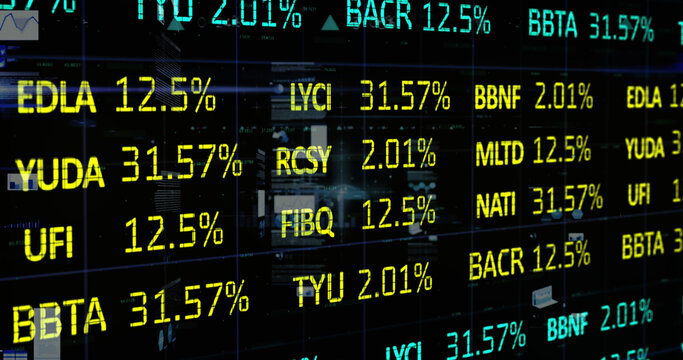 The image features blue and yellow numbers and stock market statistics rolling over a grid and g