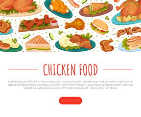 Chicken Food Design with Served Dish and Tasty Meal with Meat Vector Template
