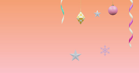 Image of new year and christmas decorations on pink background