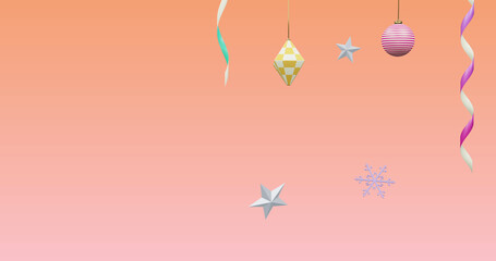 Image of new year and christmas decorations on pink background