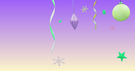 Image of new year and christmas decorations on purple background
