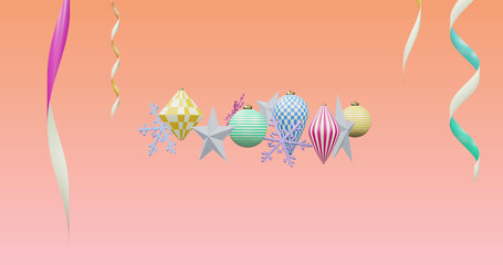 Image of new year and christmas decorations on pink background