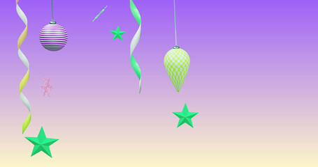 Image of new year and christmas decorations on purple background