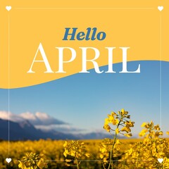 Obraz premium Composition of hello april text over flowers on yellow and blue background