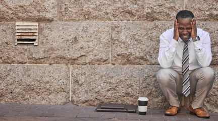 Business, depression and sad black man in city after failure, financial crisis or mistake mockup....