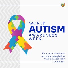 Composition of world autism awareness week and ribbon formed with puzzle pieces