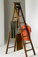 Tshirts displayed on ladder and copy space on white background