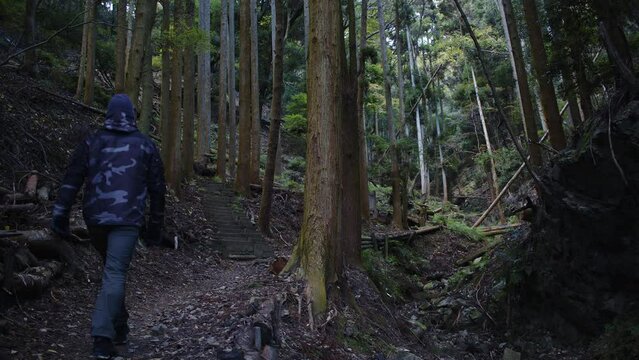 Middle-Aged Man Hiking in Japan.