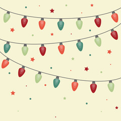 Cord of colourful Christmas lights. Background with ornaments. Vector illustration