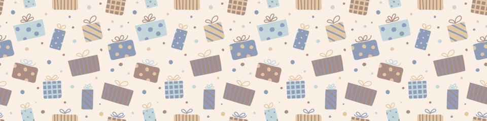 Concept of a seamless pattern with Christmas gift boxes. Xmas background. Banner. Vector