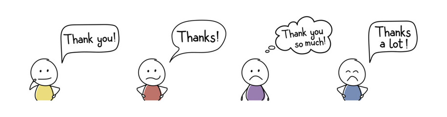 Unhappy hand drawn character with text - thank you, thanks. Vector