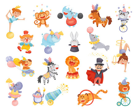 Circus Entertainer and Animals Performing Tricks on Stage Big Vector Set