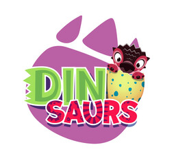 Cartoon funny dinosaur character and dino egg. Isolated vector cute baby dino in yellow spotted egg, text and paw print. Creative newborn lovely monster for kids game or book story