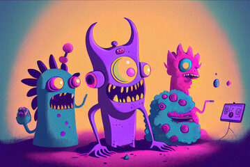 Weird cartoon monster characters calling on the phone . Neon, colorful illustration.