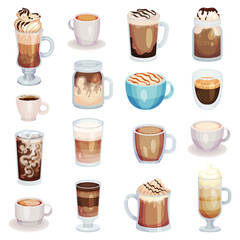 Coffee in Glass and Cups with Foam and Whipped Cream Top Big Vector Set